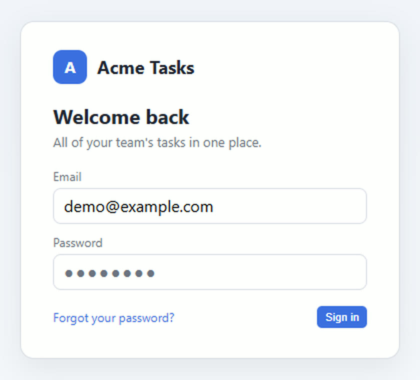 고치기 전 로그인 화면: 로고와 Acme Tasks 이름이 왼쪽에 있고, 오른쪽 아래 Sign in 버튼이 작습니다.